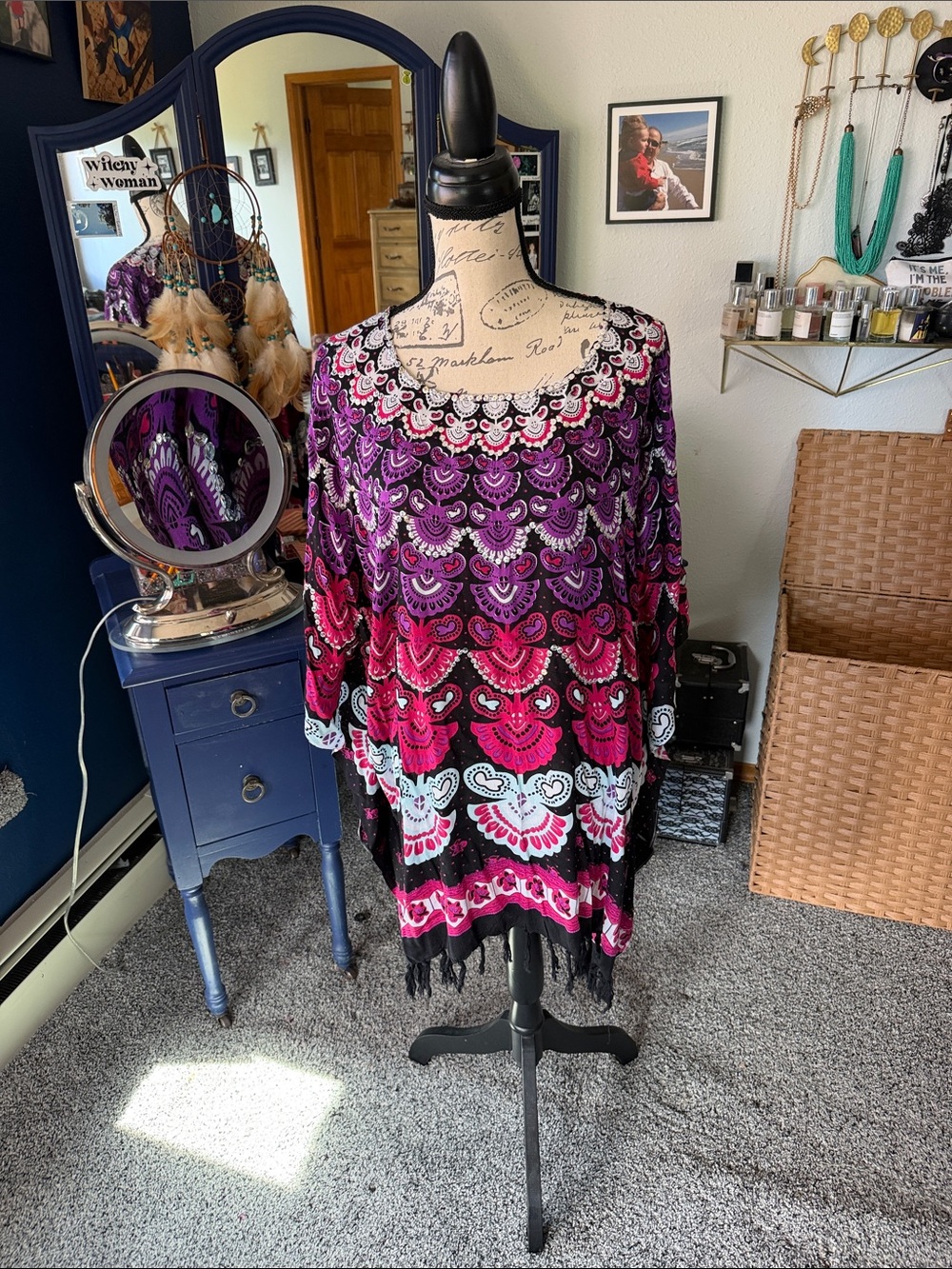 Women’s Scoop Neck Printed Fringe Tunic - Purple Pink